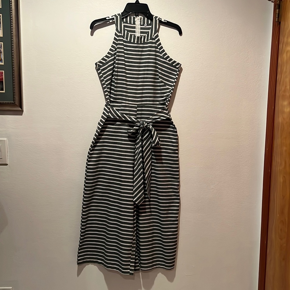 Green & White Striped Wideleg Jumpsuit